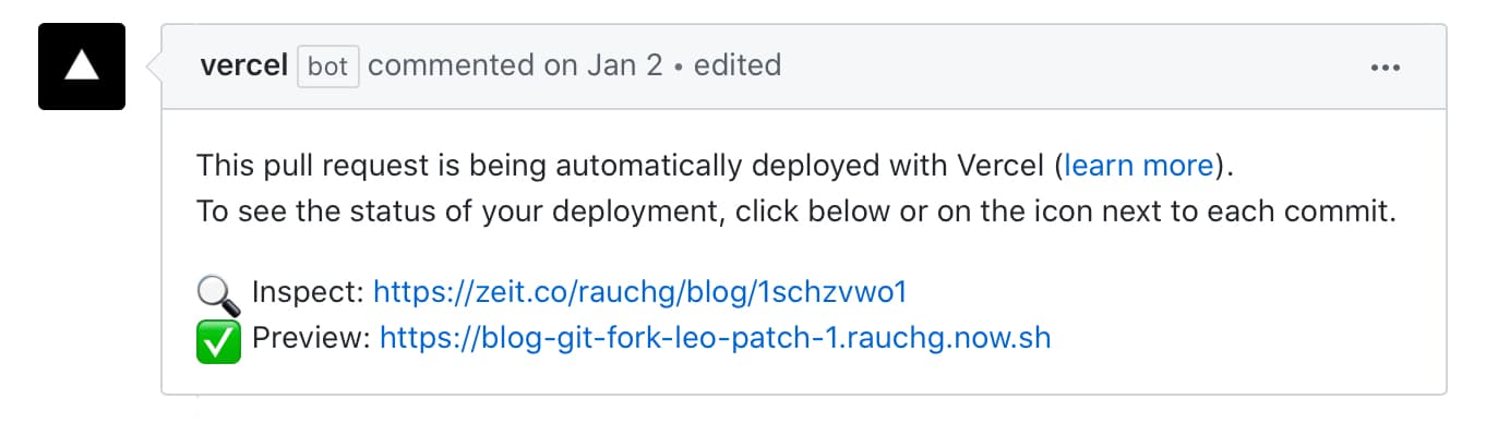 An example of a PR automatically deployed for this very blog